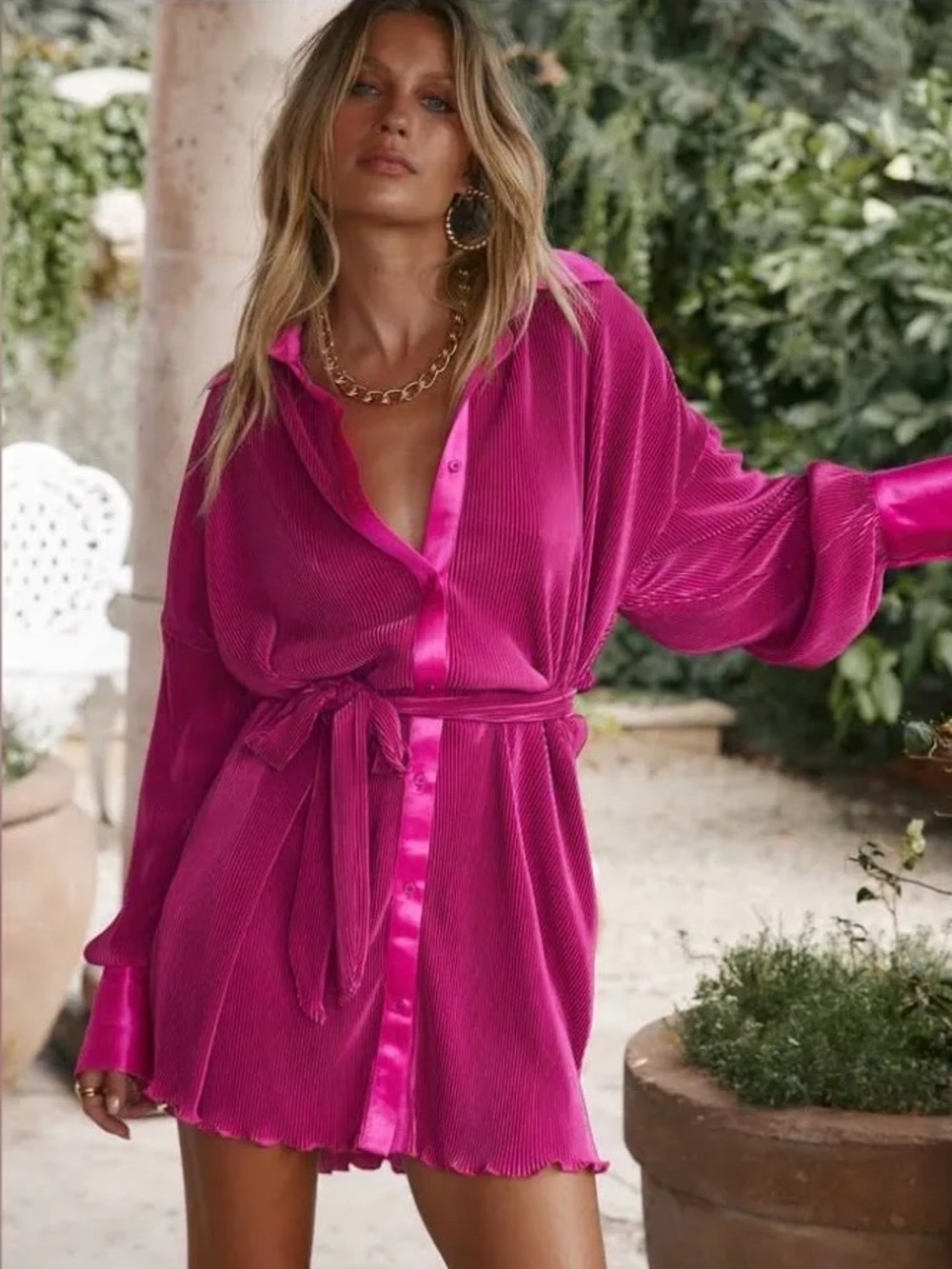 12th Tribe Fuchsia Satin-Trim Short Robe